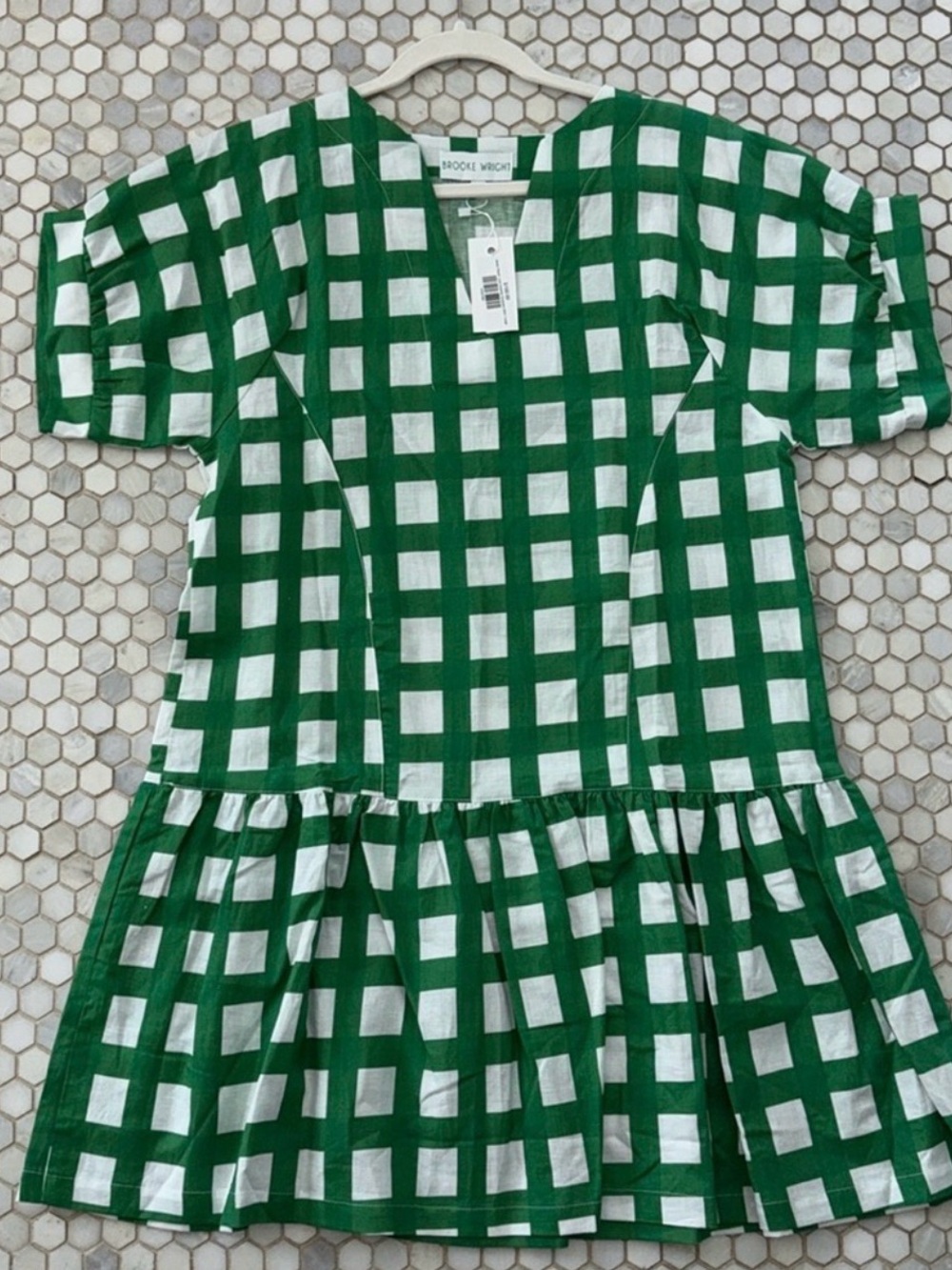 New! Brooke Wright Golf Green Gingham Peplum Dress Tea Garden Party